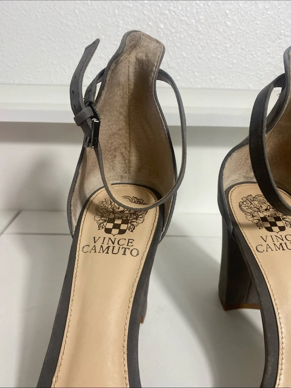 Vince Camuto Charcoal Suede Ankle-Strap Block Heels Size 7.5 M